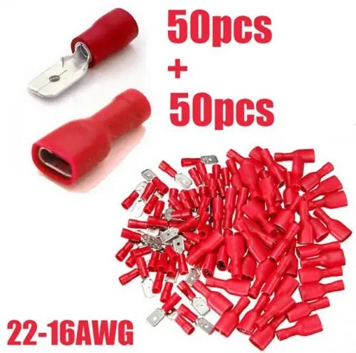 100pcs Fully Female&Male Spade Terminals Crimp Connector Red 22-16AWG