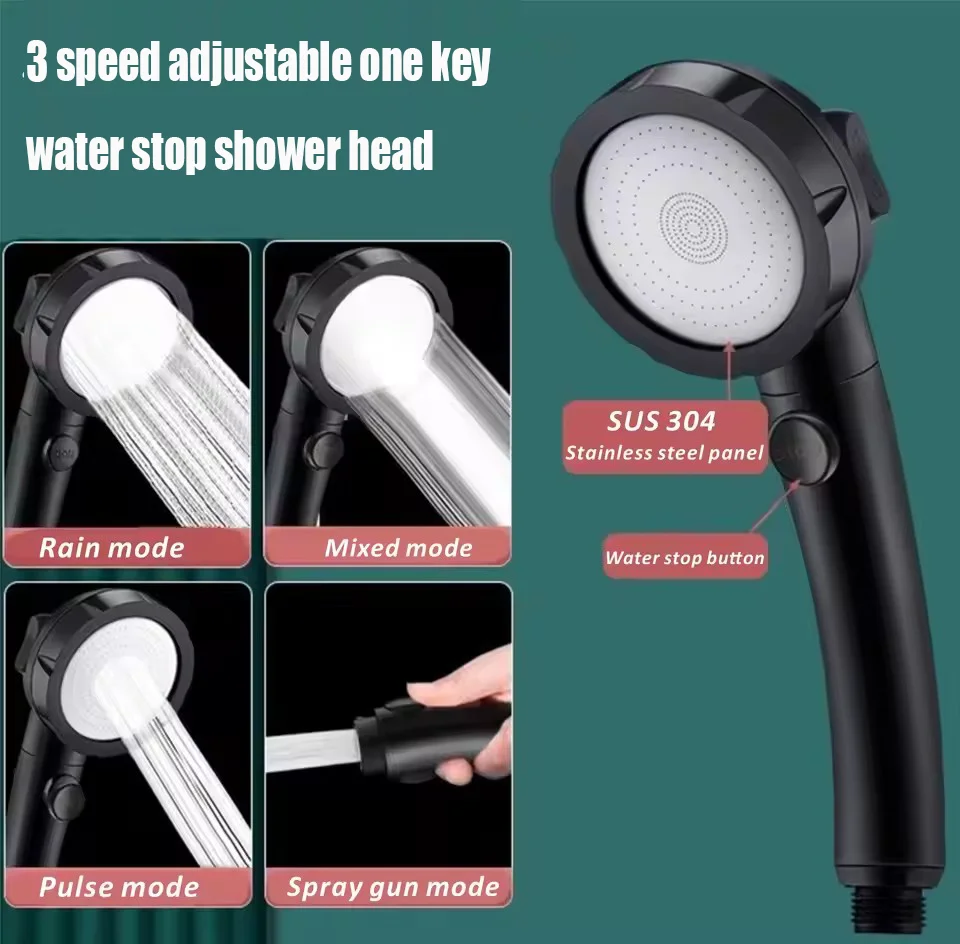 

Black High Pressure Shower Head Set With Hose and Holder Abs 4 Modes Adjustable One-Key Stop Water Sprayer Bathroom Accessories