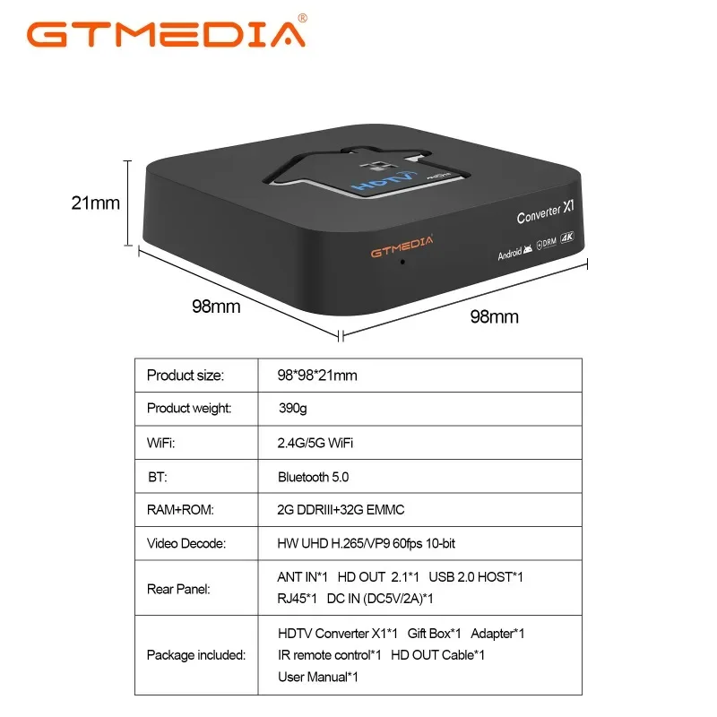 Convertitore HDTV GTMEDIA BT 5.0 X1 Supporto ATSC3.0 4KHDR TV BOX ATSC 3.0 DRM Decodificatore intelligente Amlogic S905Y4-B 2 GB + 32 GB, Wifi integrato