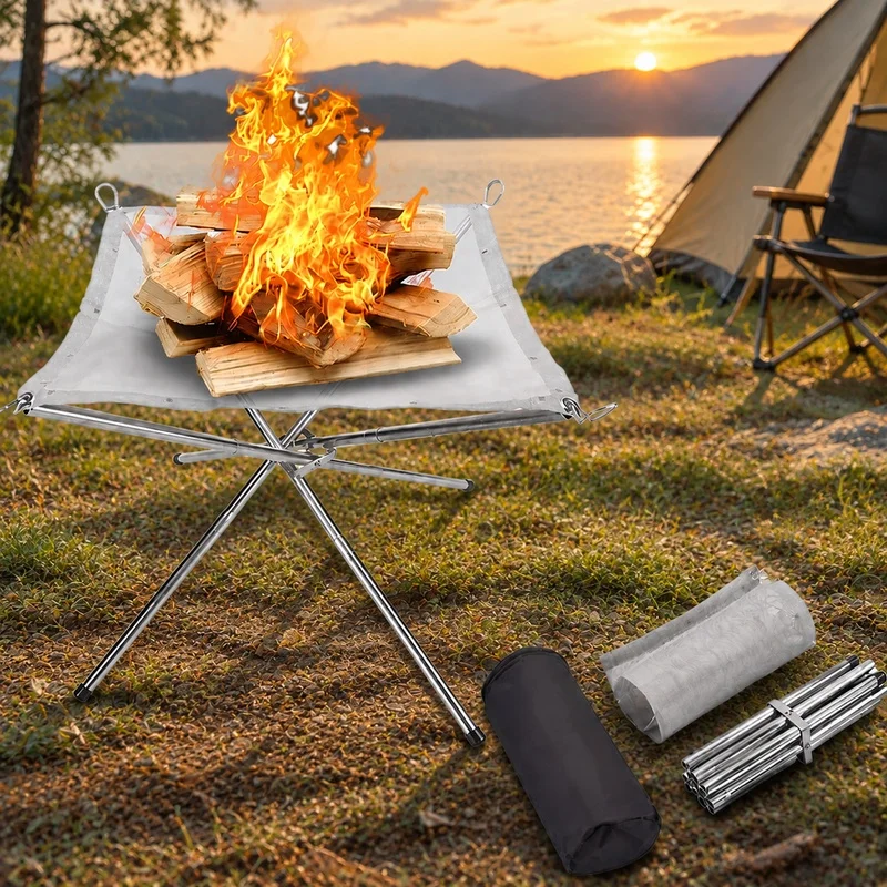 Outdoor Foldable Fire Pit Stand with Stainless Steel Mesh, Wood Stove Holder for Camping and BBQ Bonfires