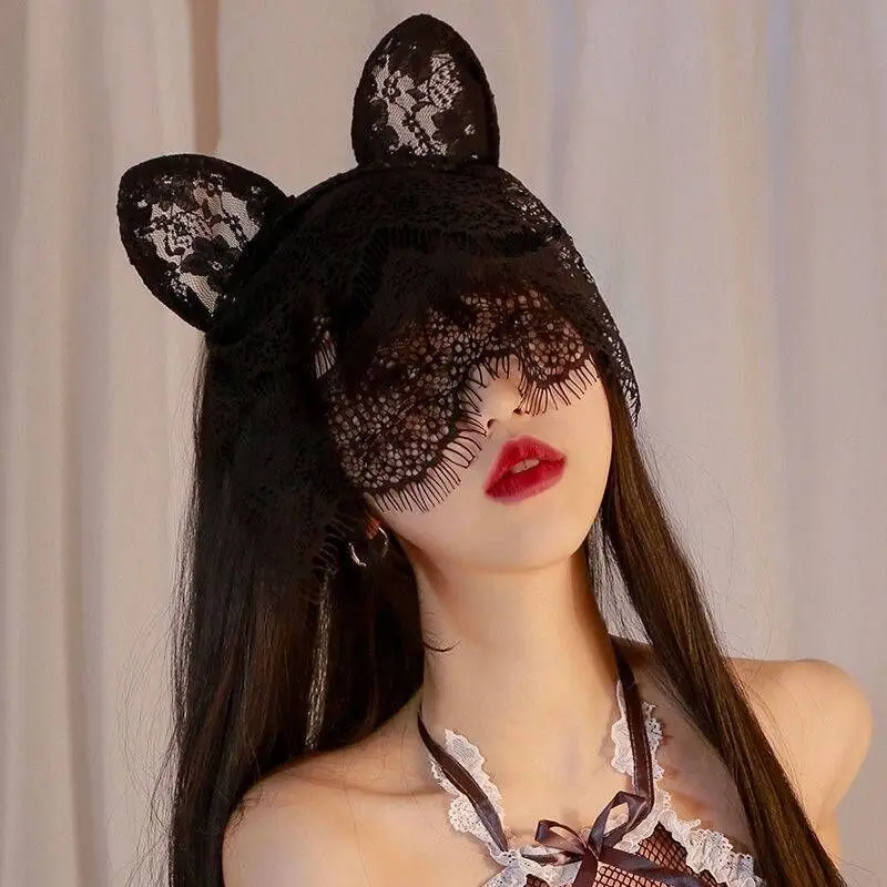 Anime Lace Hair Hoop Cat Ear Headband Girl Cosplay Catwoman Party Face Mask Props Women Nightclub Party Eye Mask