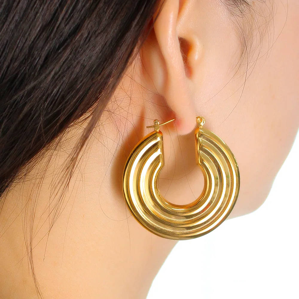 

38mm 50mm 60mm Stainless Steel U C Shape Gold Huge Hoop Big Ring Ear Circle Hollow Large Earring 18K Gold Plated Fashion Jewelry