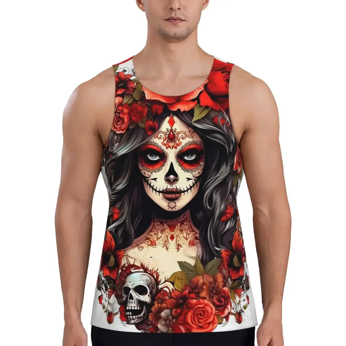 Mexican Catrina Girl Day Of The Dead Sugar Skull Gym Tank Bodybuilding Vest Fitness Sleeveless Tops Quick Dry Sports Clothing