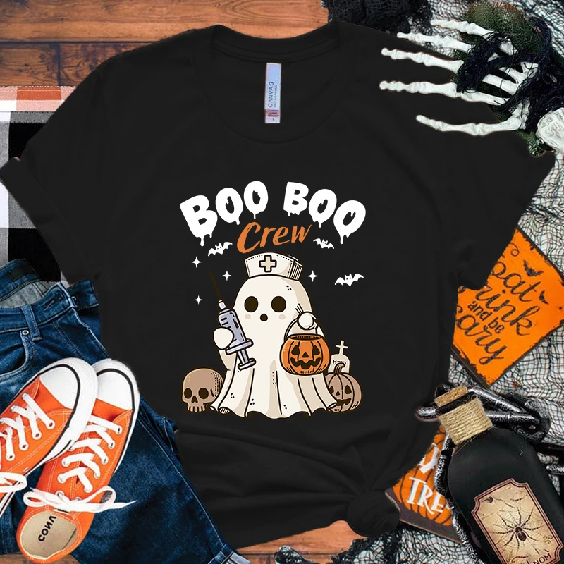 Halloween Boo Crew Letter Printed Women T-Shirts Halloween Boo Crew Short Sleeve Shirts Summer Round Neck Tee Shirt