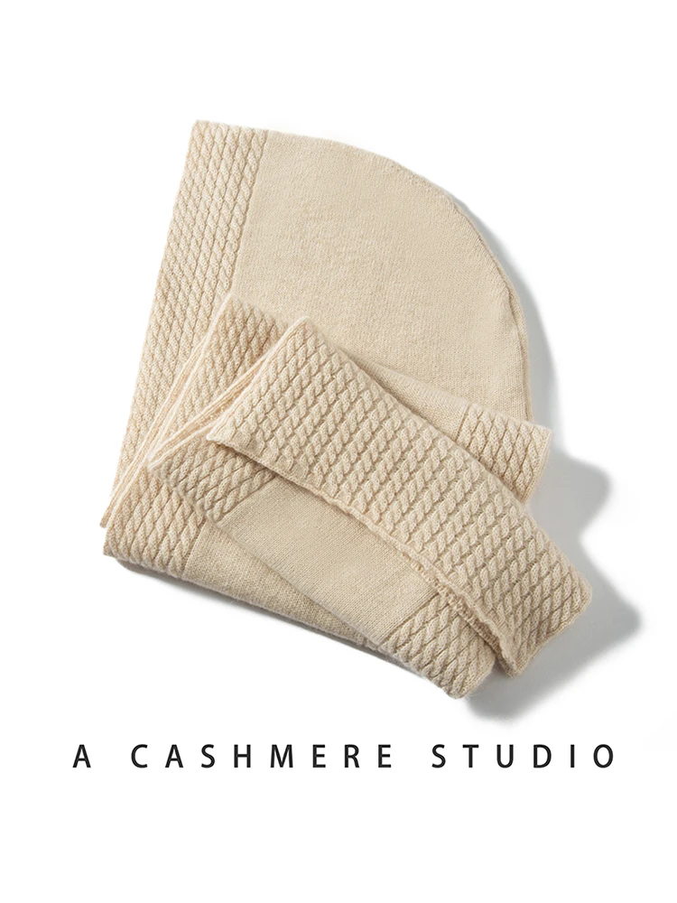 High-Quality Pure Cashmere Scarf Hat. Women's Winter Outdoor Warm Knit Long Scarf Bean Hat Fashion Solid Cashmere Cap