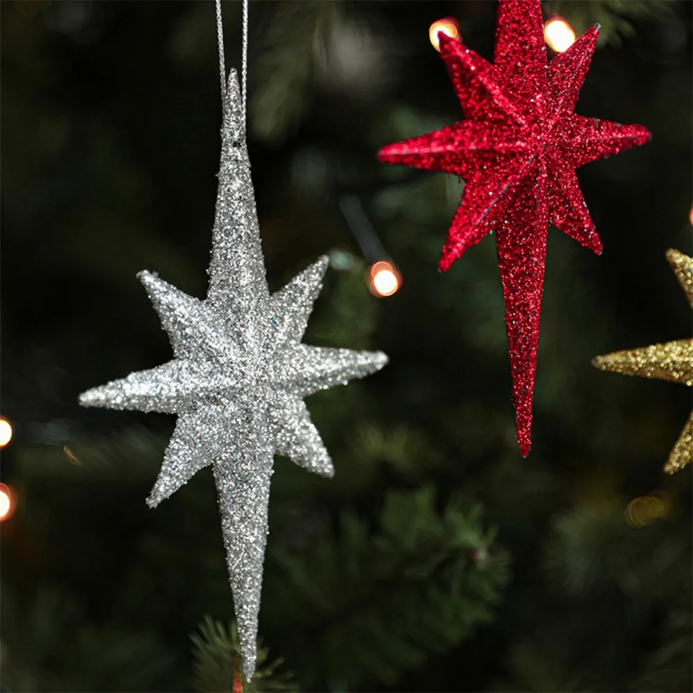 2PCS Explosive Star Christmas Tree Pendant Glitter Octagonal Star Xmas Ornament Door Hanging Decor Navidad New Year Home Decor