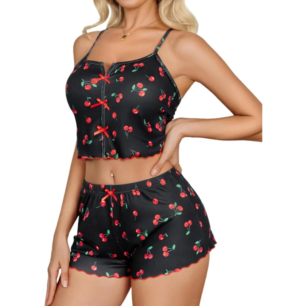 2 Pcs Black Cherry Printed Camisole And Shorts Red Scalloped Trim Cute Bows Alluring Nightwear Passionate Outfit Erotic Set