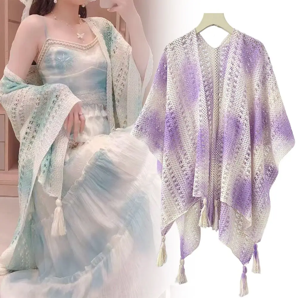 

Trendy Tie Dye Knitted Hollow Out Shawl Ethnic Style Bohemian Cardigan Tassel Shawl Versatile Outerwear Cloak