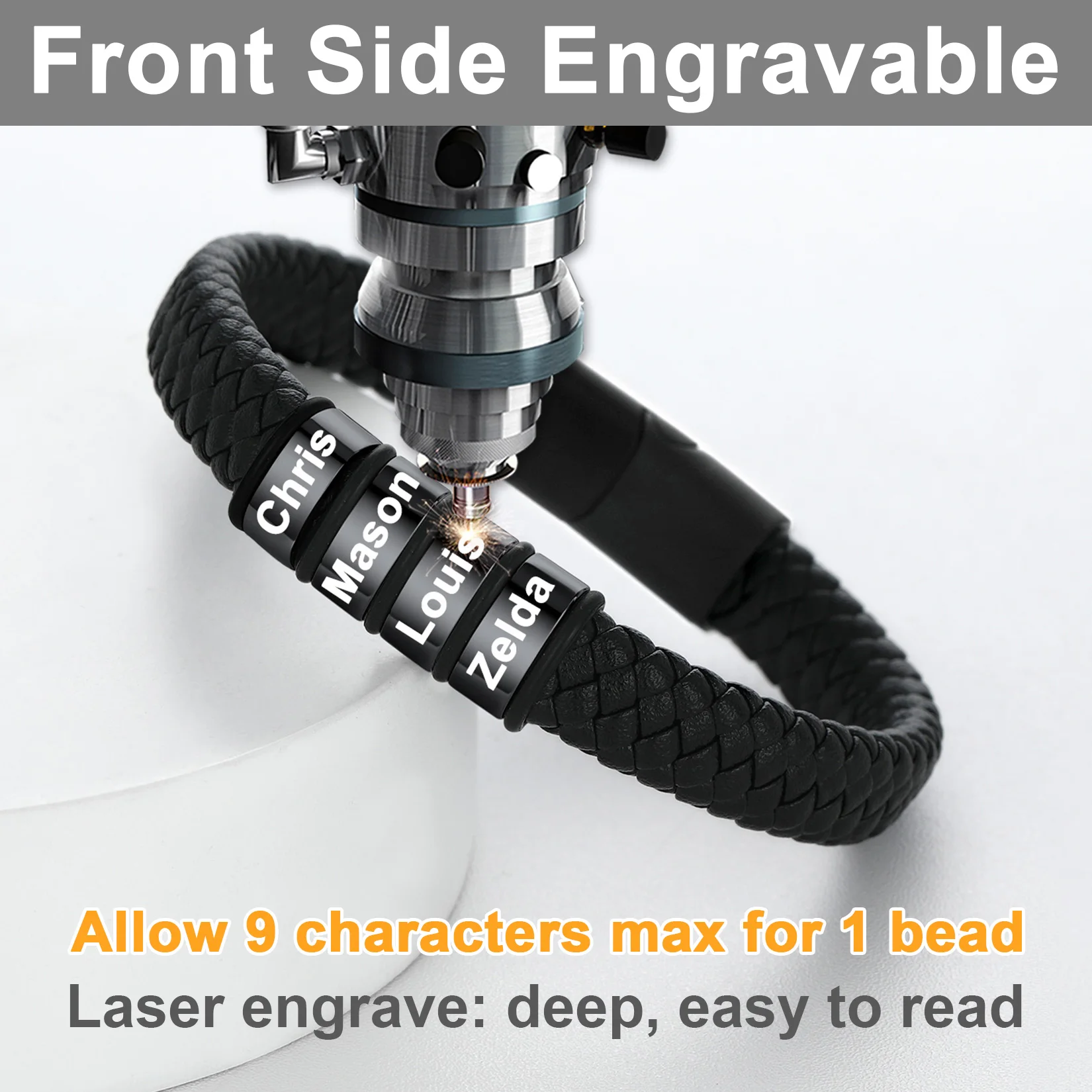 U7 Wide Black Braiding Leather Bracelet for Man Custom Laser Engrave Name Word Stainless Steel Bead 19cm Wristband Bracelet