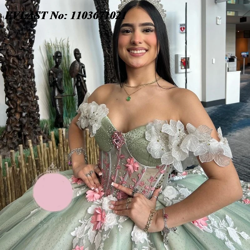 EVLAST Personalizzato Verde Salvia Abito Quinceanera Abito di Sfera Rosa 3D Applique Floreale Che Borda Dolce 16 Abiti De XV 15 Anos SQ148