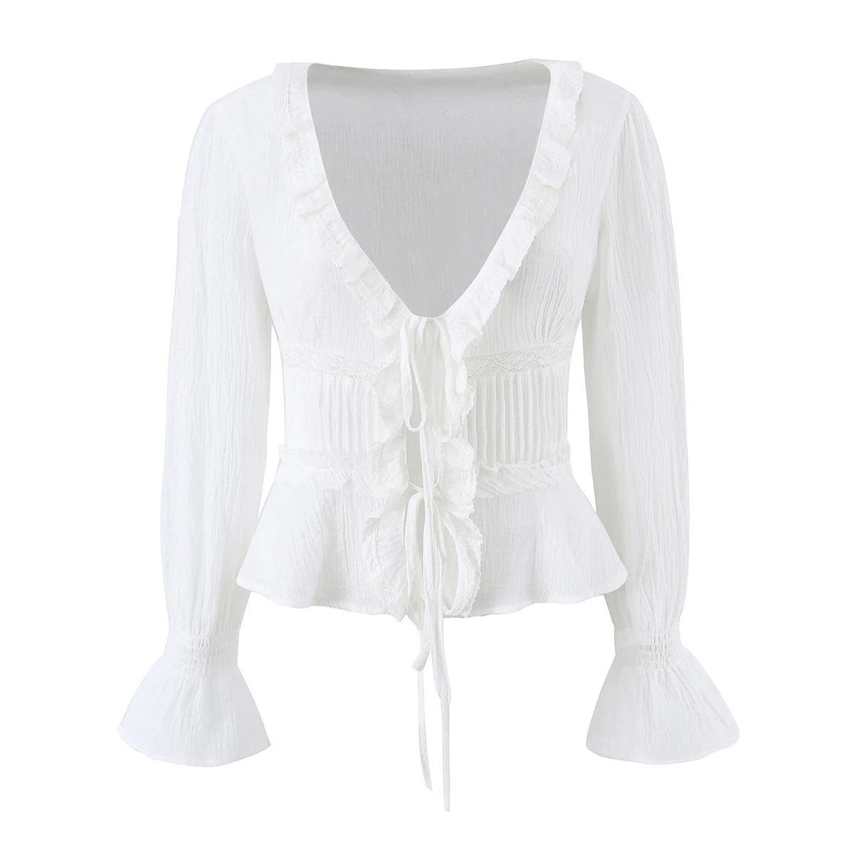 Holiday Women Bow Lacing up Front Wood ears V neck Flare Long Sleeve Shirt Spring Summer Women Cotton Spliced Lace Blouse Tops
