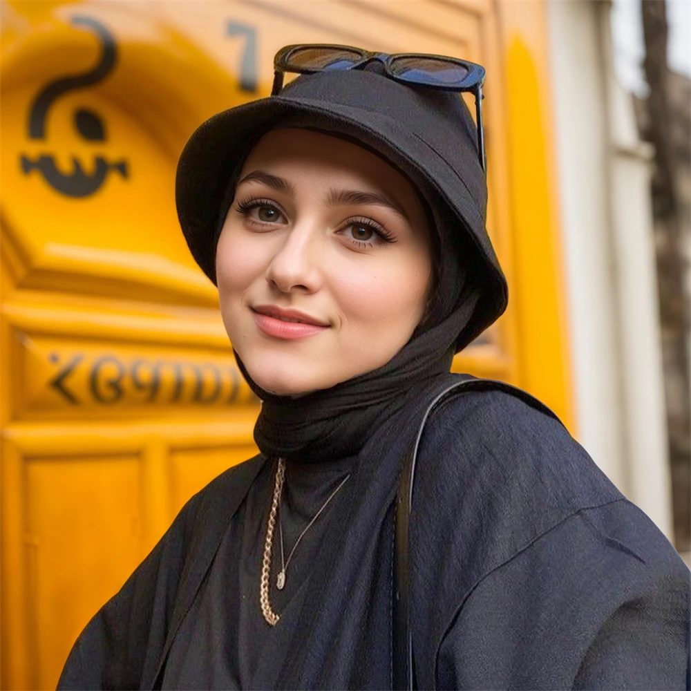 

Модная рыбацкая шляпа в стиле мусульманского хиджаба, женский исламский головной платок, солнцезащитная шляпа, рыбацкая шляпа с шарфом