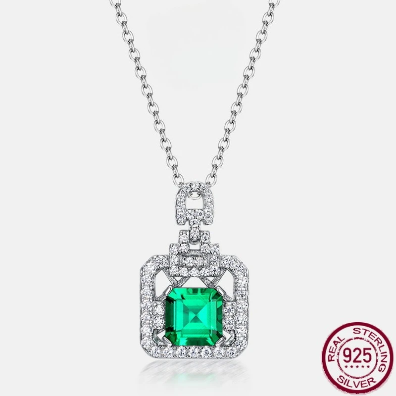 

New S925 pure silver cultivated emerald pendant square retro European and American style necklace wedding jewelry