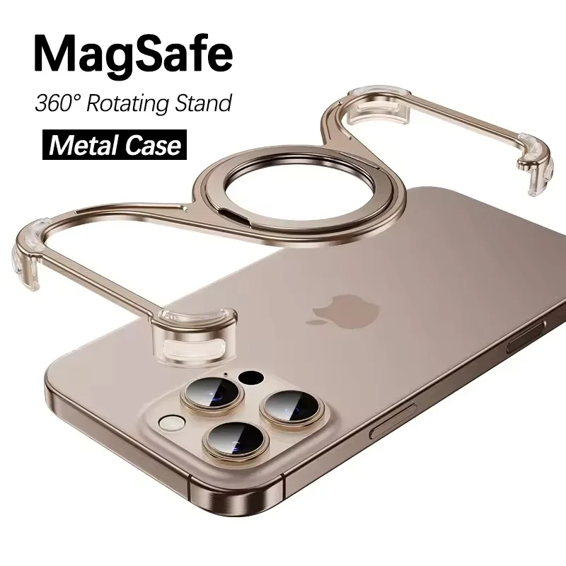Magnetic Metal Phone Case For Iphone 15 16 Pro Max Stand W Shape Phone Cover Aluminum Alloy Holder Frameless Cooling Shell