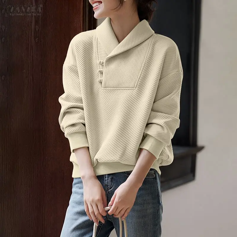 

Женские трикотажные свитшоты ZANZEA на весну и осень, однотонные пуловеры с воротником и длинными рукавами, повседневная уютная женская одежда 3XL