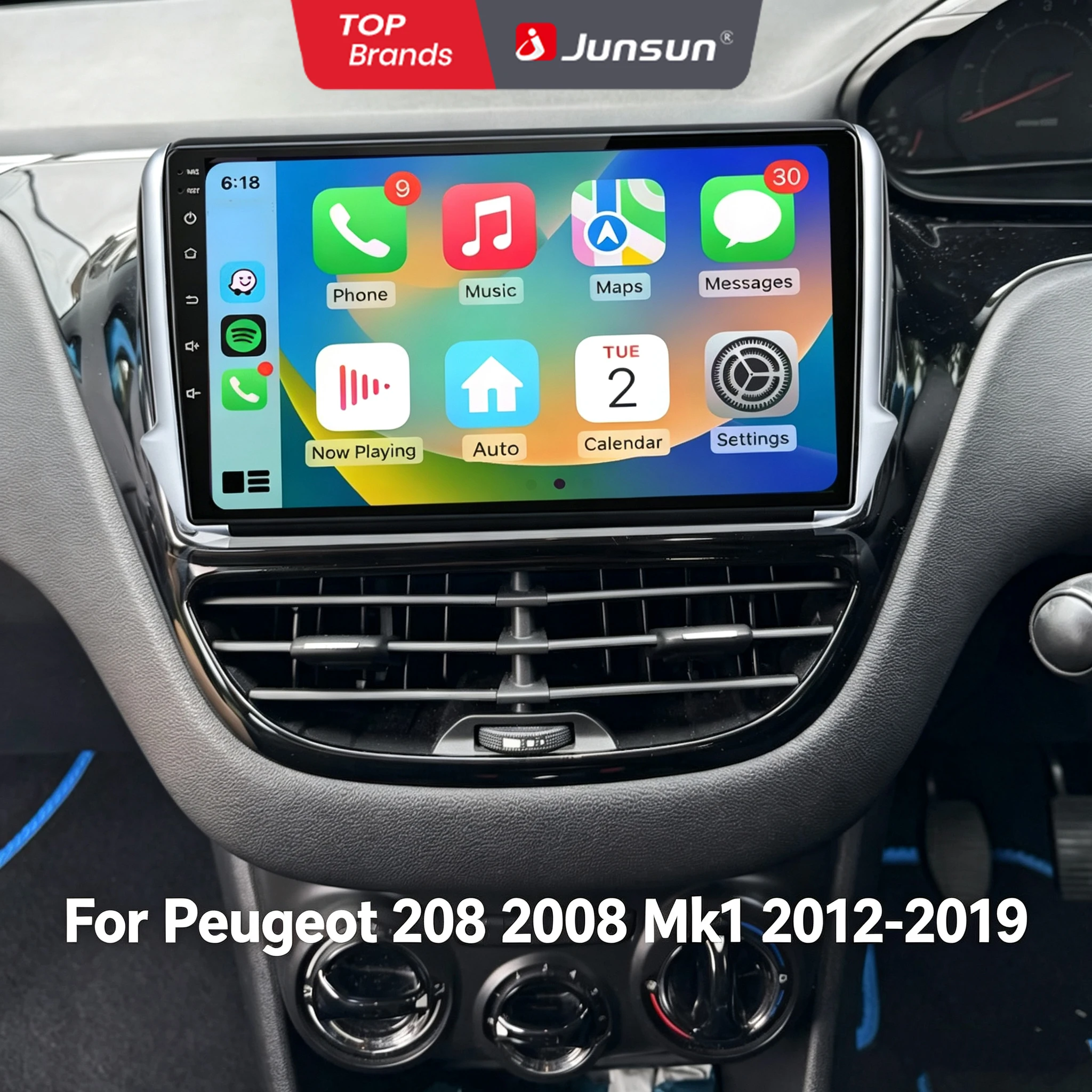Autoradio Junsun 10" Android 15 pour Peugeot 2008 208 2012-2018, CarPlay sans fil, Android Auto, écran tactile IPS, navigation GPS multimédia, unité stéréo 2 Din, DSP, 4G WiFi, SWC