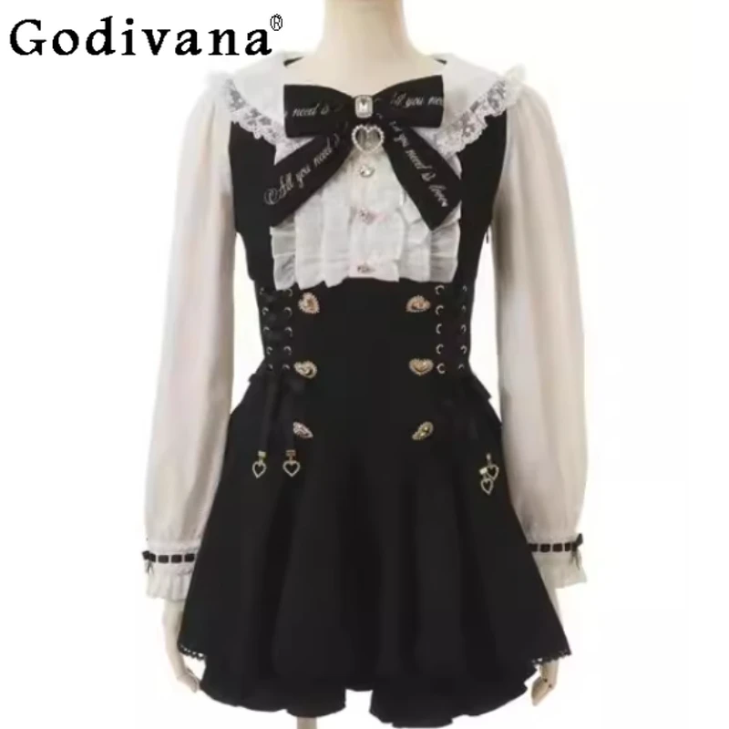 

Large Size Japanese Sweet Bow Embroidered Dresses Shorts Sets Spring Autumn Age-reducing High Waist A-line Long Sleeve Dress