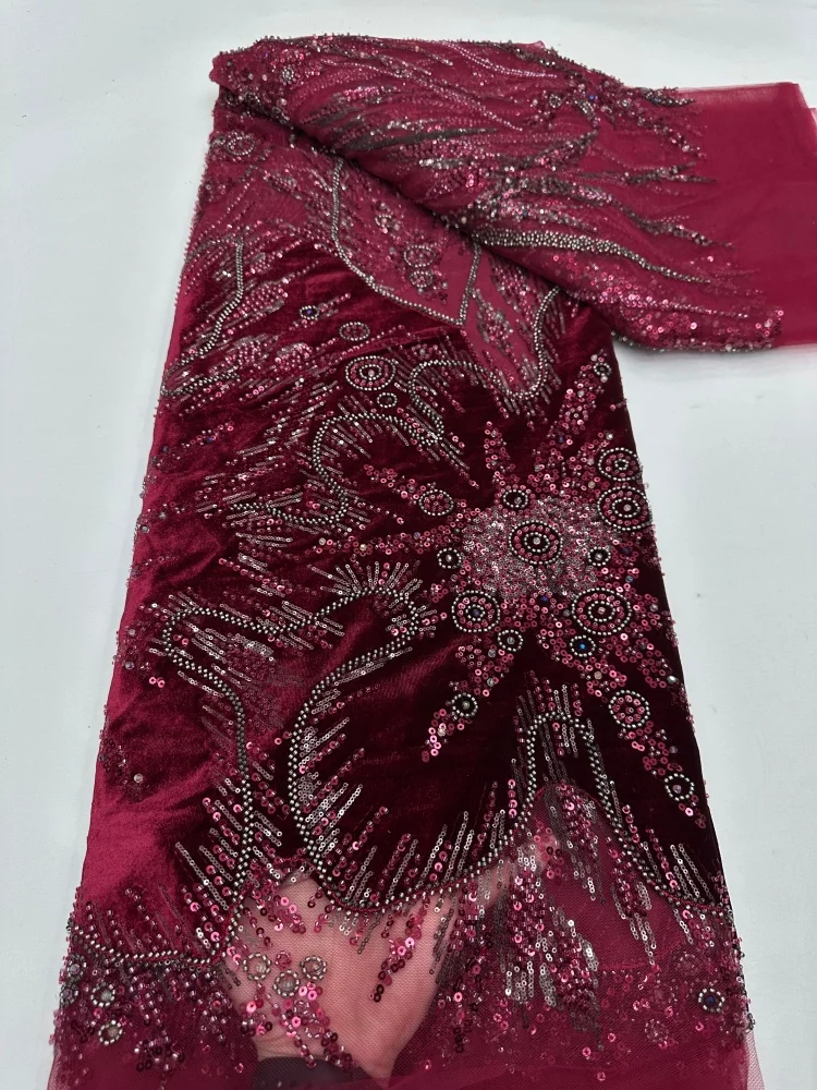 

Luxury African Groom Embroidered Beaded Lace Fabric 2026 French Nigerian Sequins Lace Fabric for Wedding Dress