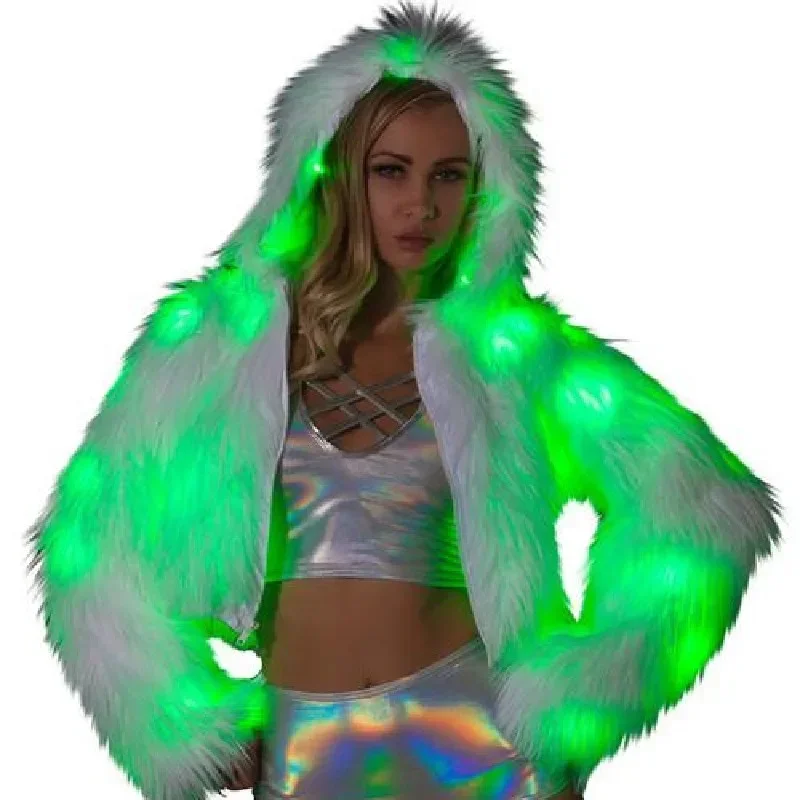 LED Luminous White Fur Coat Hoodie Light Up Clothing Party Gogo Dancer Costume Tron Dance Wear Singer Stage Rave Outfit New