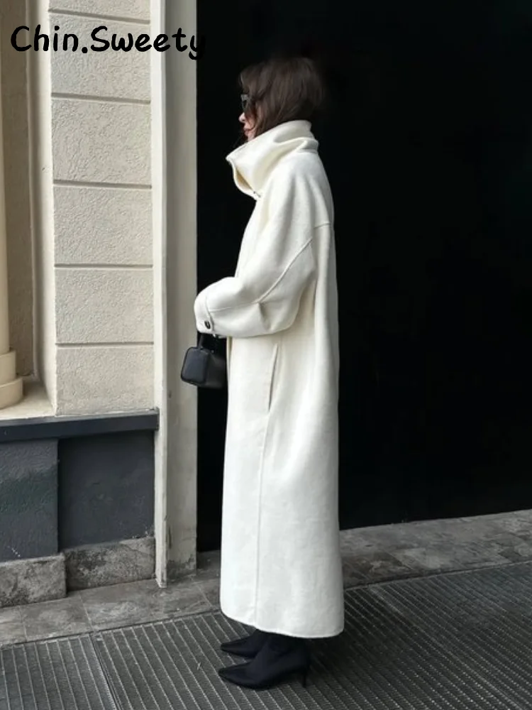 Abrigo largo de lana con cuello levantado para mujer, abrigo holgado de manga larga con bolsillos y una botonadura, prendas de vestir para Otoño e Invierno 2025