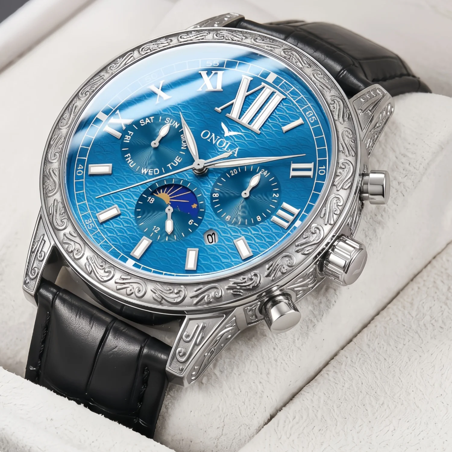 ONOLA Retro Men's Mechanical Watch, Decorative Carved Case, Multi functional Waterproof with Moon Calendar, Gift for Him