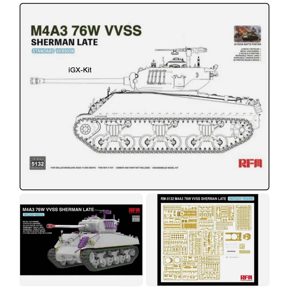 Rye Field 5132 1:35 Scale M4A3 76W VVSS Sherman Late  Medium Tank Vehicle Plastic Assembly Model Building Kit