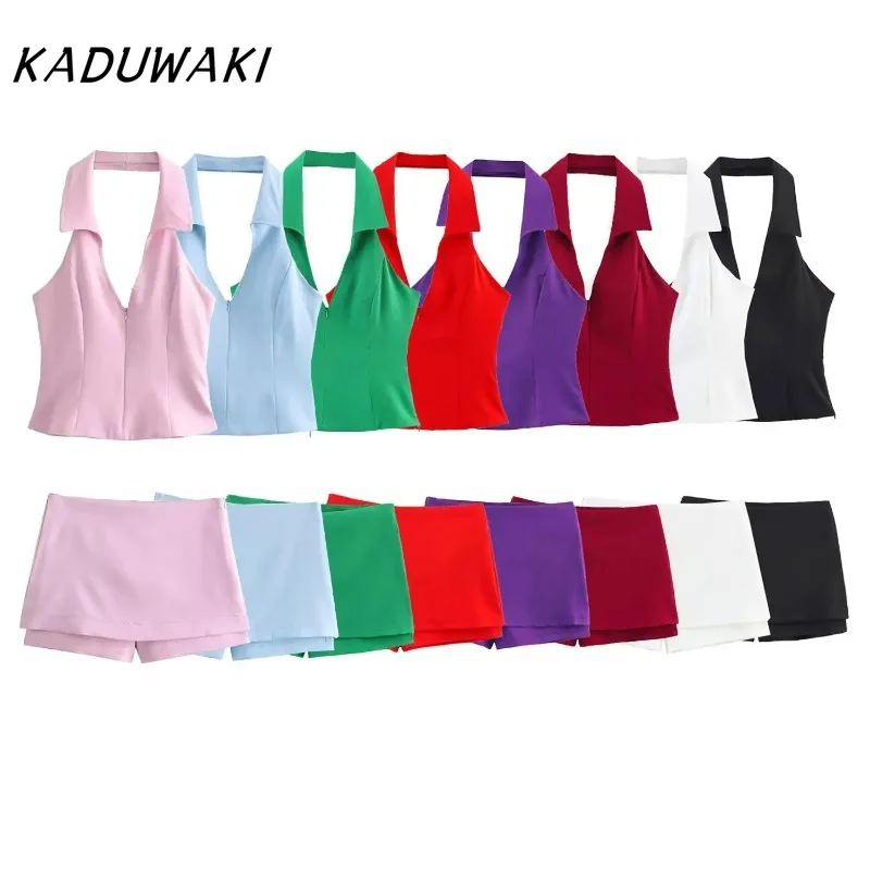 

KADUWAKI Pink Two Piece Set Sexy V-Neck Sleeveless Backless Suspender Zipper Top+High Waist Back Pocket Mini Skirts Shorts Y2K
