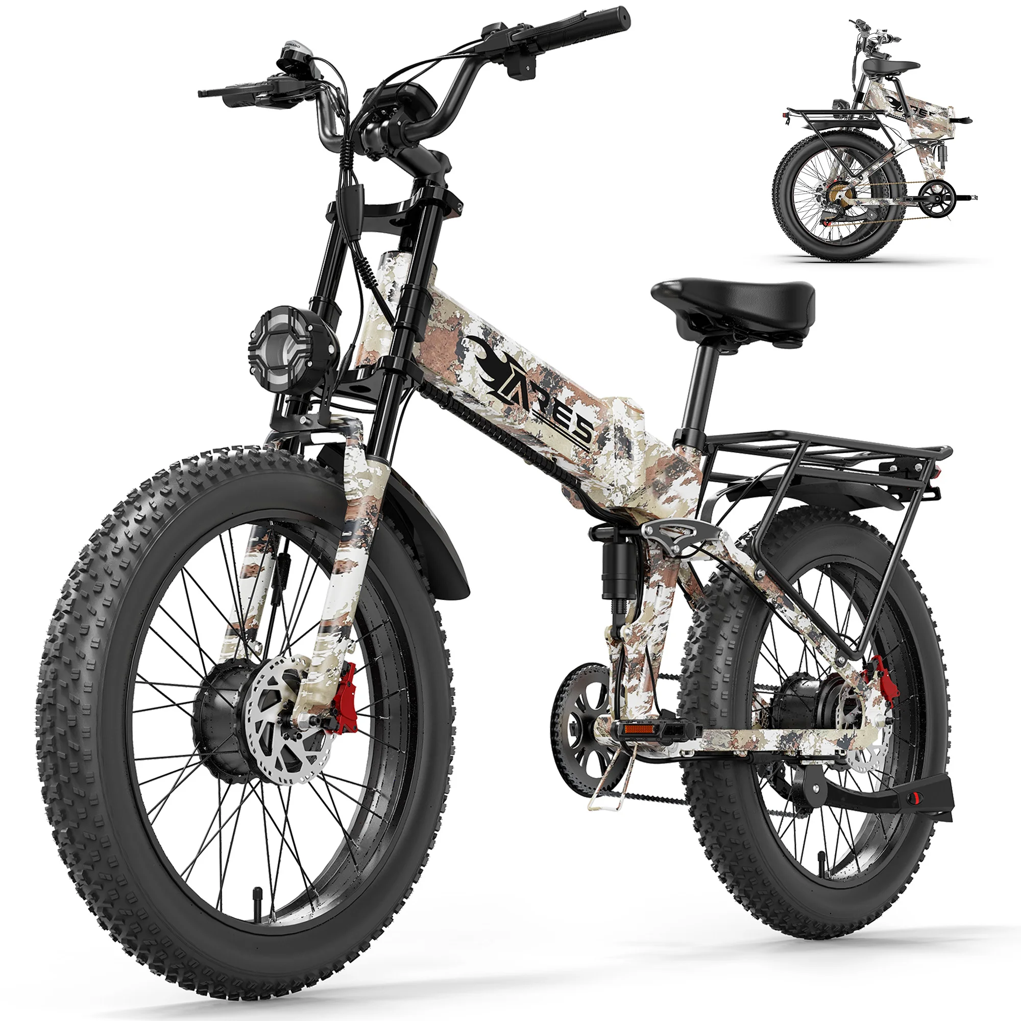 

Электровелосипед AMYET ARES AWD для взрослых, двухмоторный, 2000 Вт, аккумулятор 52В 25Ач, складной электрический горный велосипед с толстыми шинами 24"x4.0"