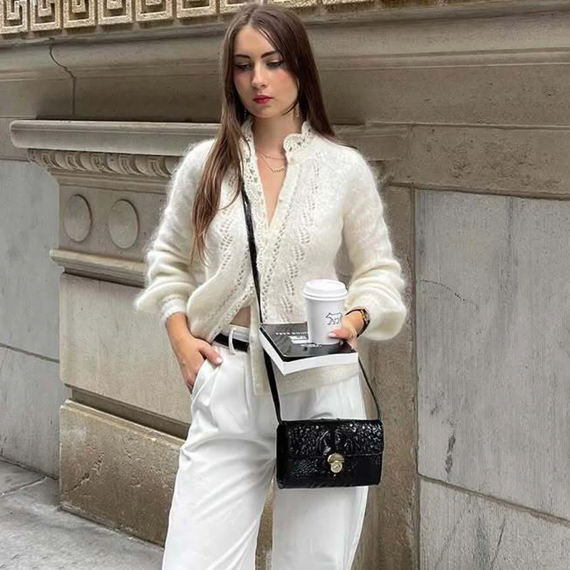 

Tornova 2025 Autumn New Sweater Lace Cardigan Loose Long Sleeve Hollow Knitted Coat Casual Single Breasted Solid Female Cardigan