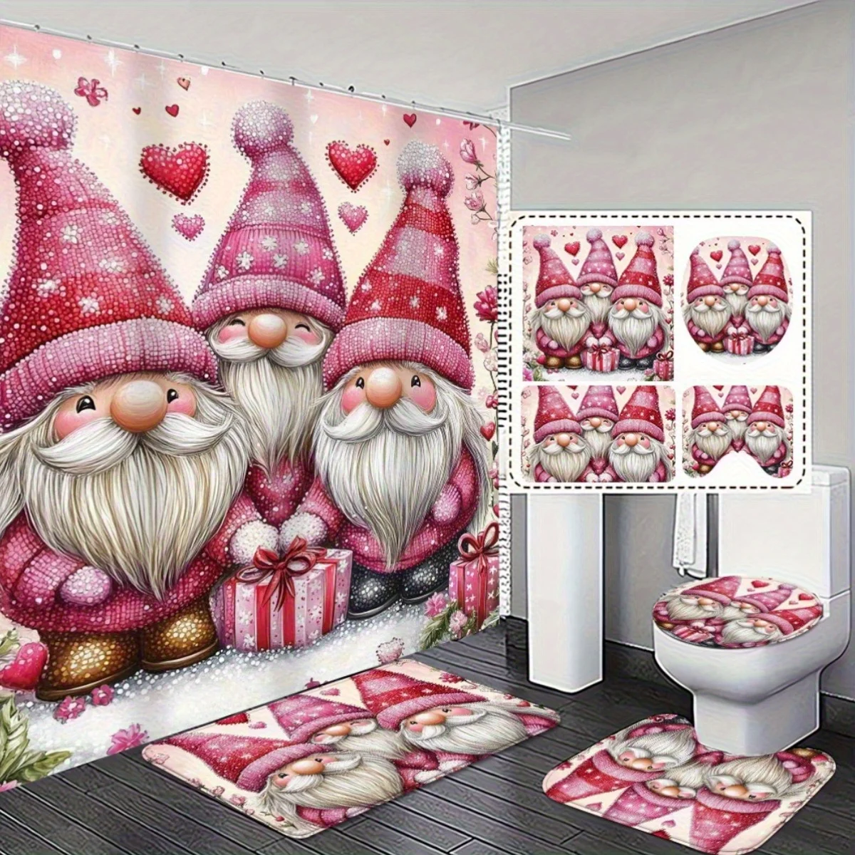 

4 шт. модный и современный набор для ванной комнаты с гномами на День святого Валентина — занавеска для душа, нескользящий коврик для ванной и крышка для унитаза