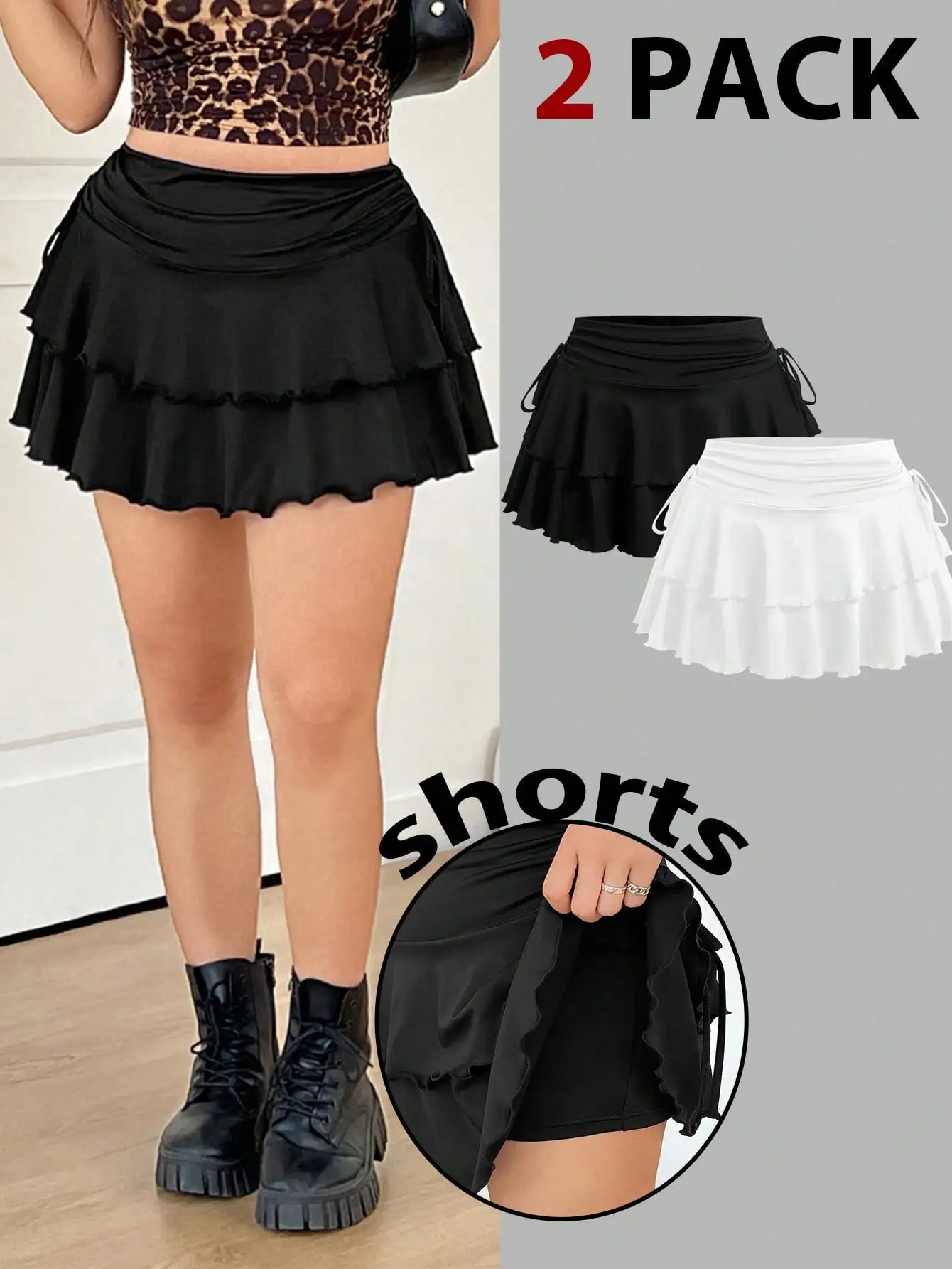 Paquete de 2 faldas pantalón con volantes superpuestos para mujer - Negro y blanco, talla grande, minifalda informal con lazo lateral