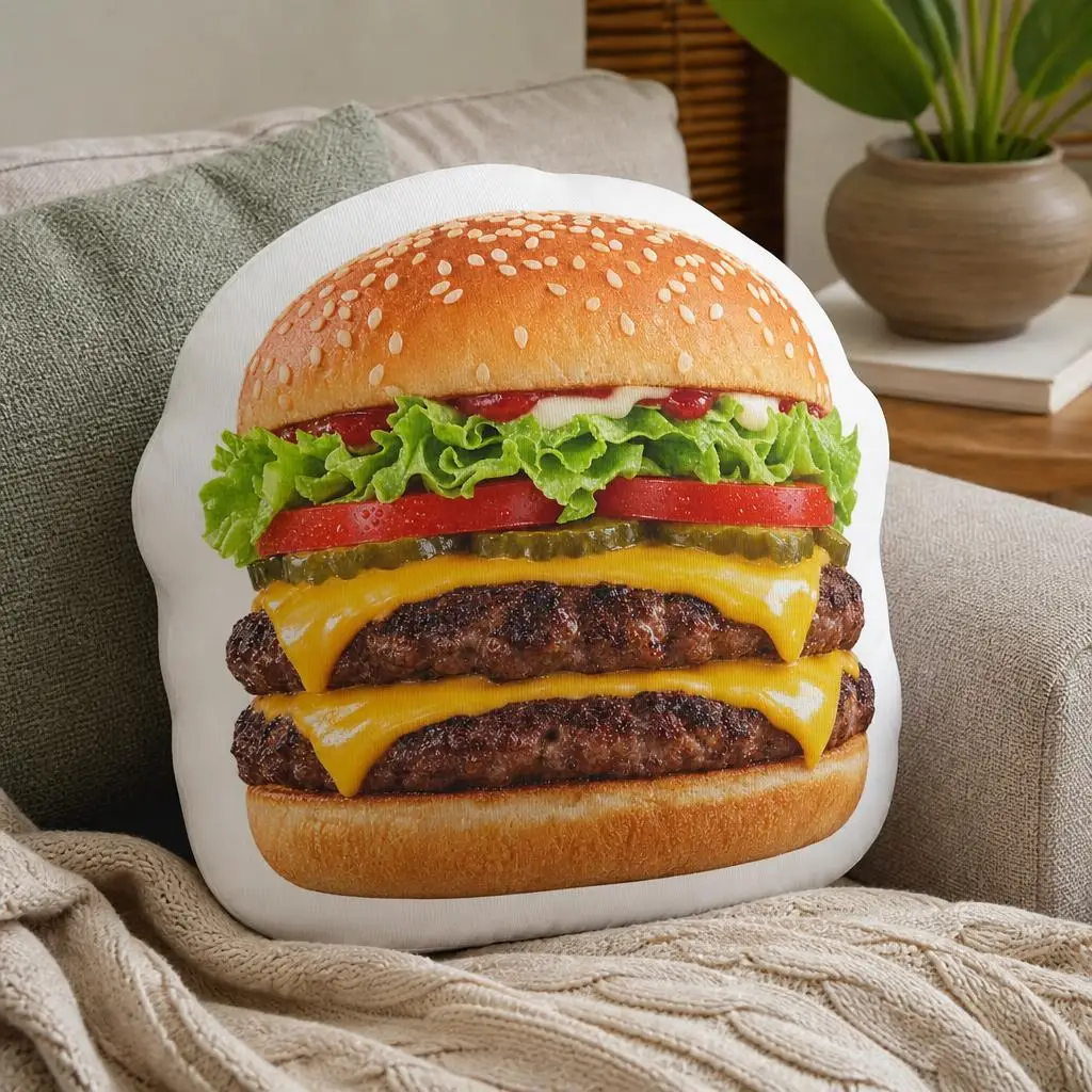 Double Cheeseburger Plush Pillow Hamburger Stuffed Cushion Fast Food Throw Pillow Kitchen Sofa Home Decor Gift for Foodies
