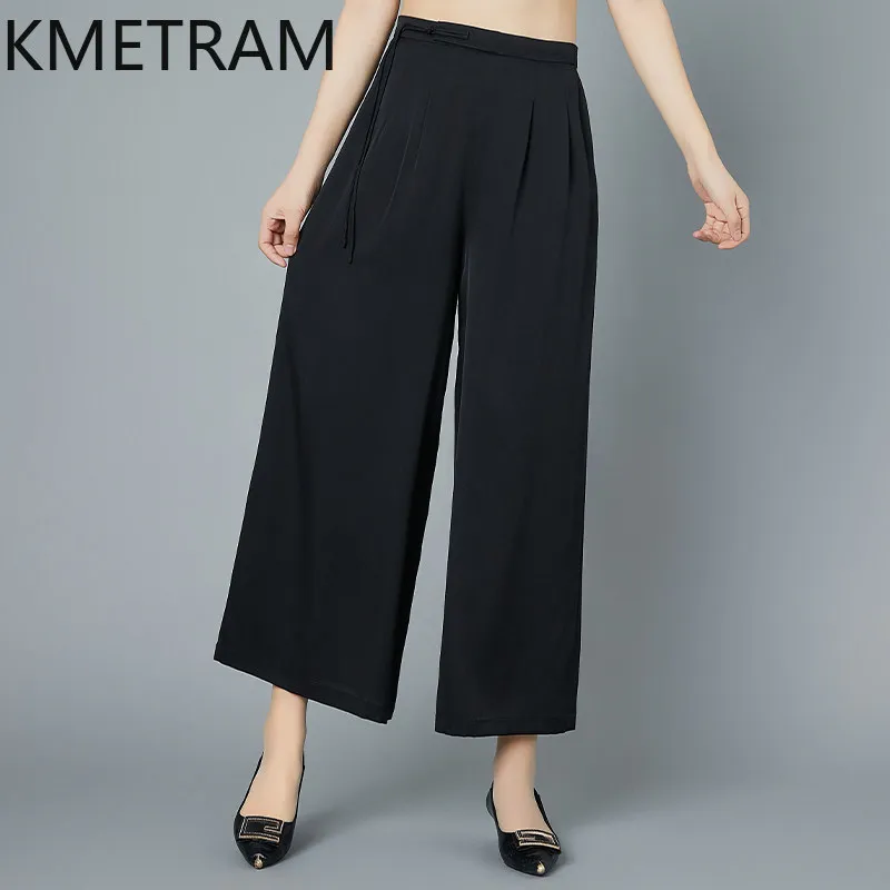 KMETRAM 91% Real Mulberry Silk Women Pants 2026 Summer High-end Elegant Plus Size Wide-leg Pants Female Clothes Pantalones Mujer