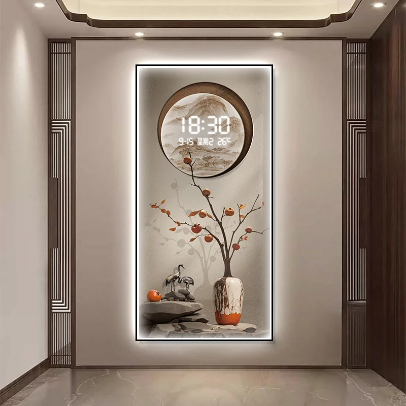 e*-New Chinese style lotus entrance decoration painting, high-end electronic screen, living room corridor mural light