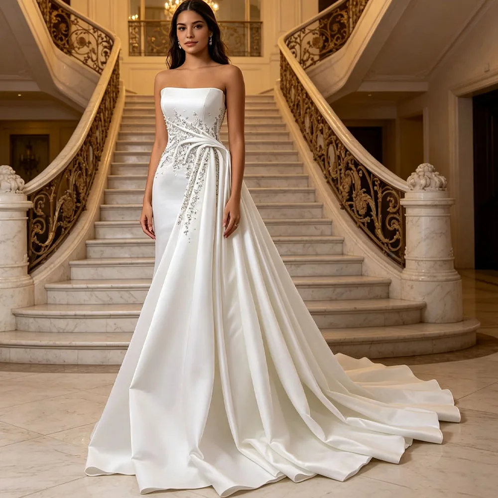Strapless Wedding Dress Sleeveless Lace Up Back Beading Crystal Ruched Vestidos De Boda Para Fiestas