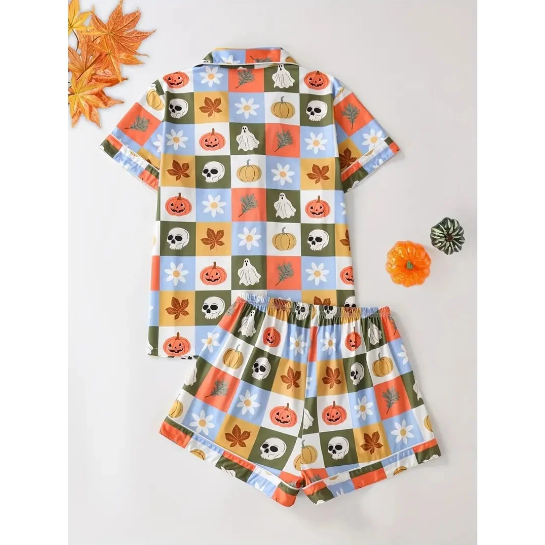 Halloween Themed Skeleton Pumpkin Pajamas Set for Women Loungewear Summer Home Wear with Lapels Short Sleeves and Shorts Pants