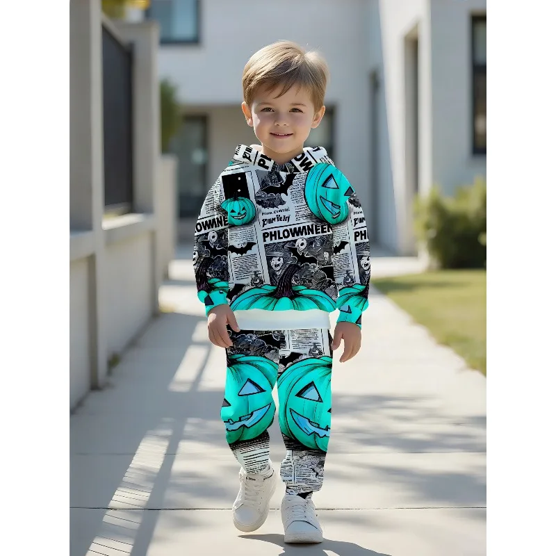 Boys Hoodie Jogger Set: Newspaper Pumpkin Print, Lantern Ghost Gradient, Cartoon Spider Web Kids Tracksuit