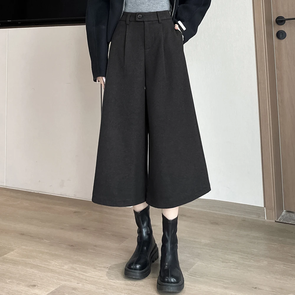 

European style black wide leg pants for women's autumn and winter new high-end fashion plus size elastic waist loose casual pant