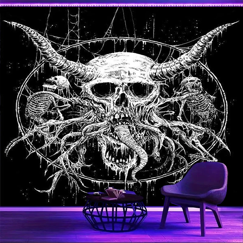 1PC Demon Skull Art Print Backdrop Banner, Bedroom Living Room Photo Background, Polyester, Home Decor, Wall Art