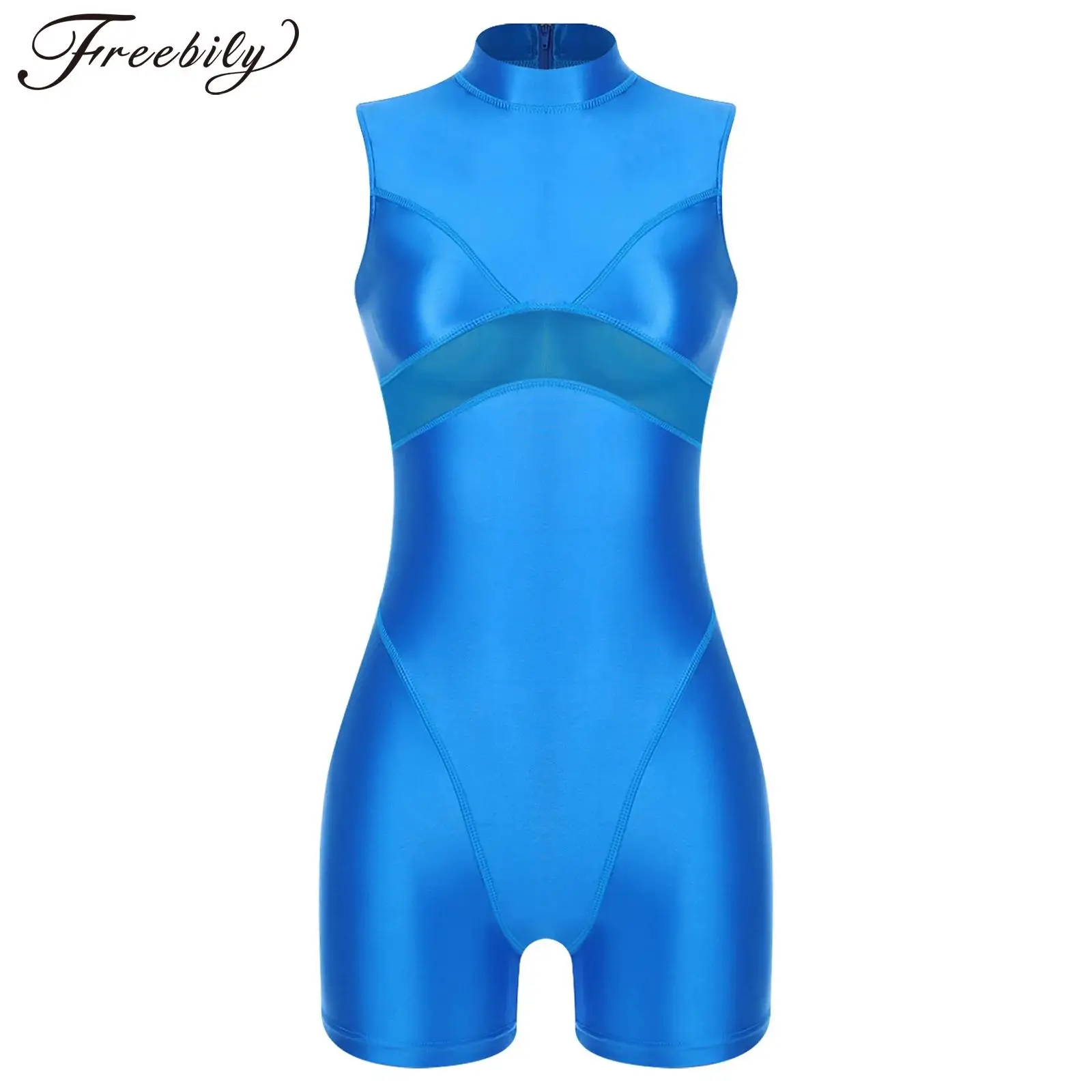 Womens Sleeveless Oil-shiny Bodysuit Sheer Mesh Patchwork One Piece Swimwear Mock Neck Zipper Boxer Bottom Bathing Suit