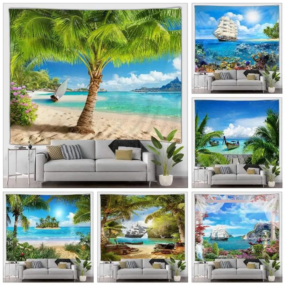 

Hawaii Scenery Outdoor Tapestry Ocean Beach Tropical Plants Sailboat Simulation Window Home Patio Wall Decor Living Room Mural