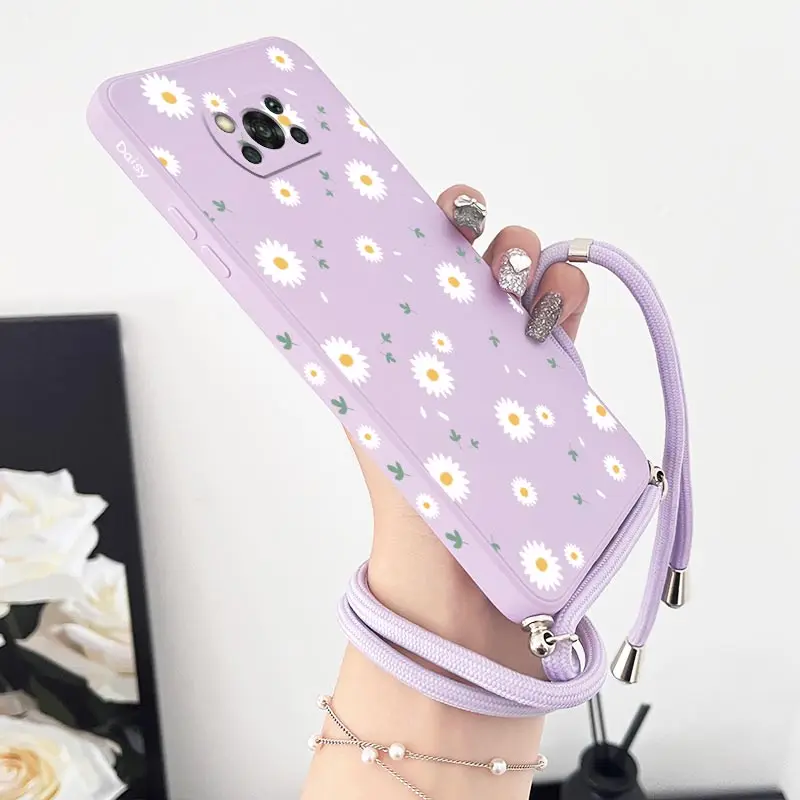 Deciduous Daisies Crossbody Lanyard Silicone Phone Case For Xiaomi Poco M5 M4 Pro F4  X4 GT F4 GT X4 F3 X3 M3 X3 NFC C40 Cover