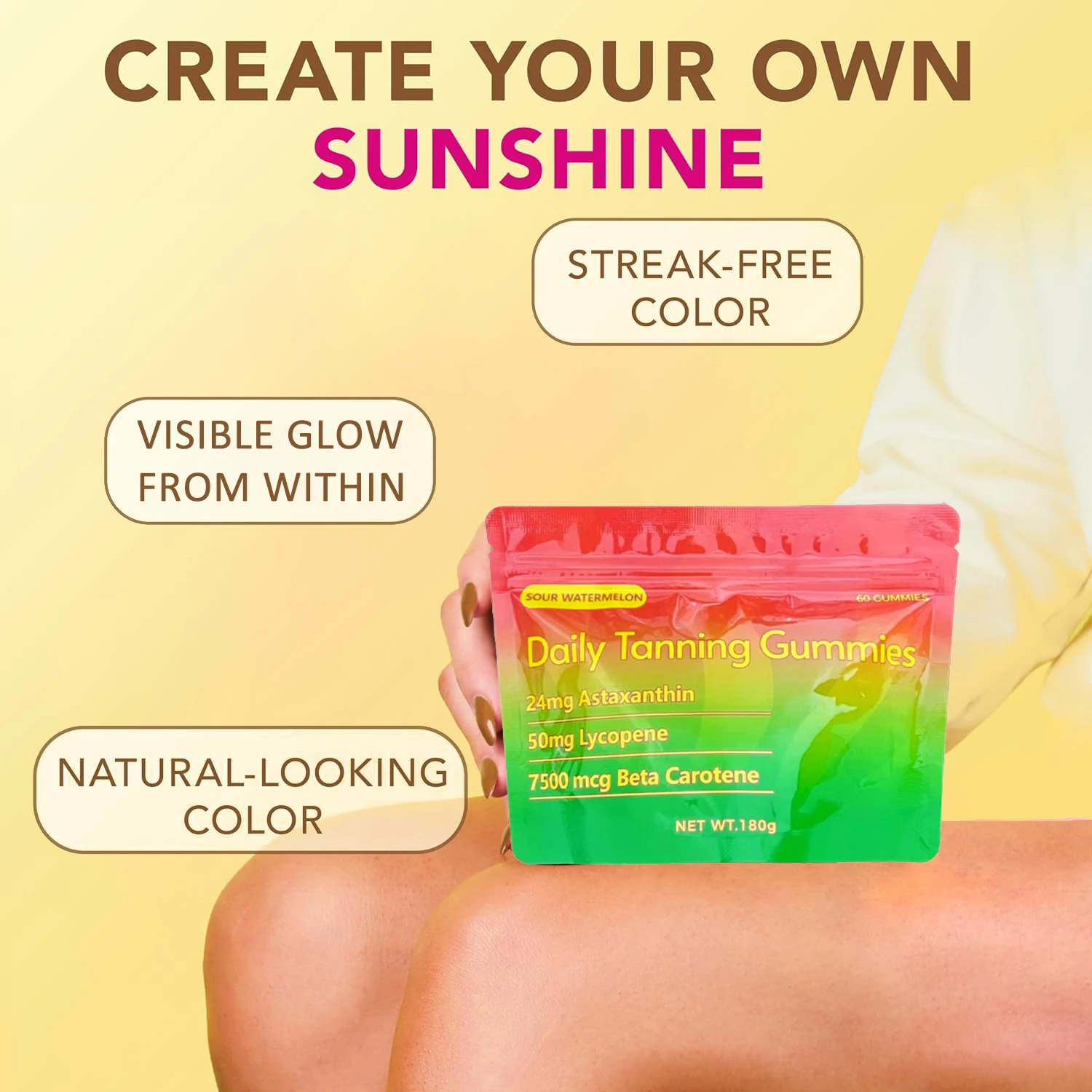 Daily Self Tanning Gummies for Women Men - Organic Ingredients, Sunless Tanning Gummies for a Natural Glow, Streak-Free Fake Tan