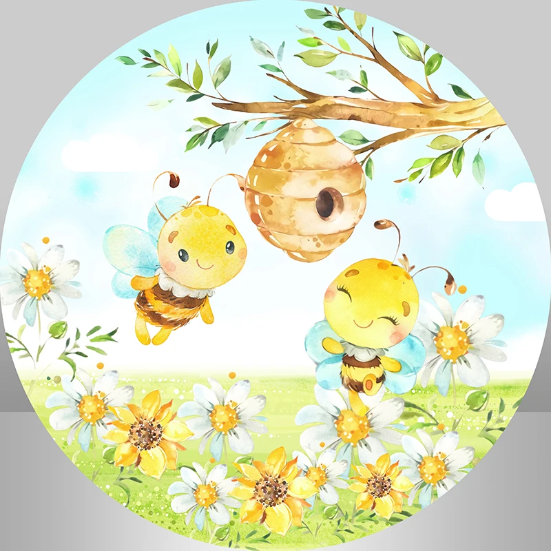 Newborn Baby Shower Birthday Party Round Backdrop Bee Honey Yellow Custom Circle Cover Photography Background Cylinder Cover