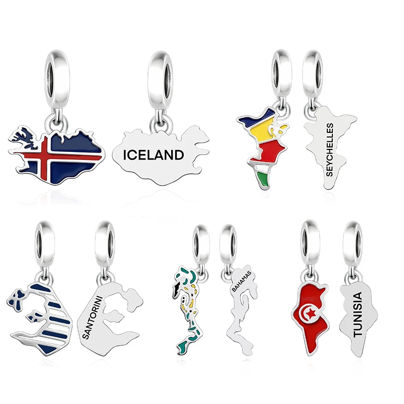 

Оригинальный браслет-шарм Huoonew Fit из серебра 925 пробы с картами и флагами Багам, Санторини, Сейшел, Исландии, Туниса для создания украшений (Берлок)