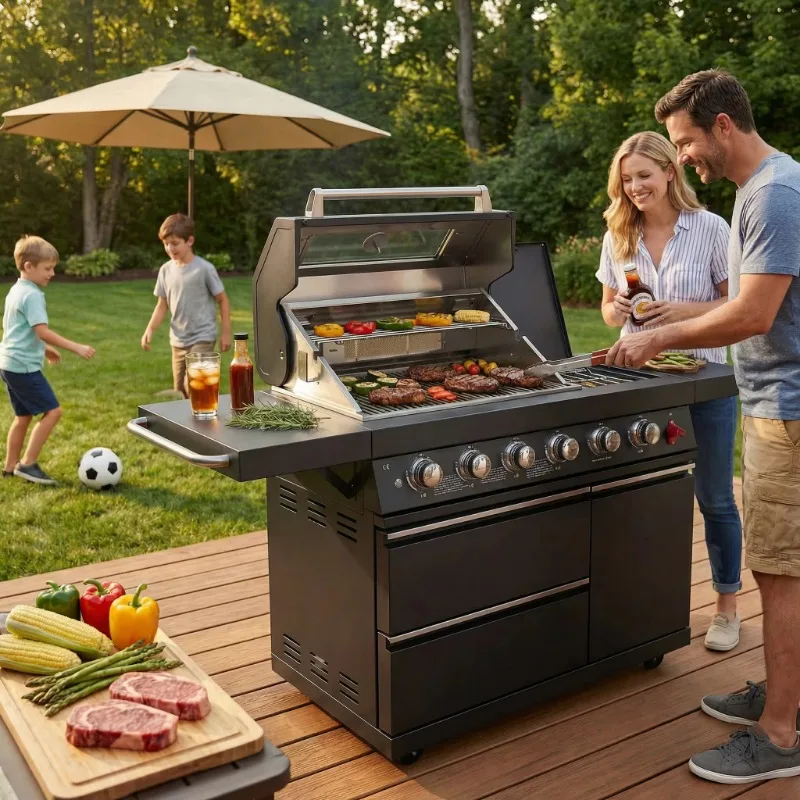 OE Home 46-Inch 75300 BTU 6 Burner Stainless Steel Portable Camping Gas Grill Piezo Ignition-Luxurious Modern Outdoor Kitchen