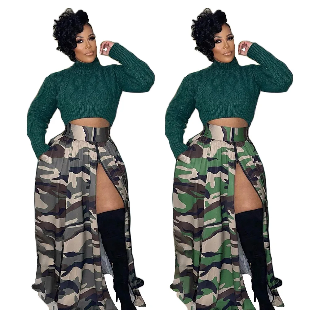 2023 Spring and Summer New Women's Casual Camouflage Printed Zipper Slit Elastic High Waist Skirt Long Skirts for Women