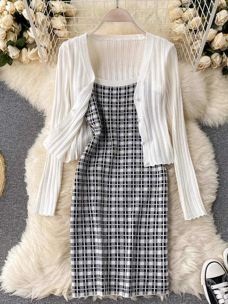 Elegant Dress Sets Women Spring Summer Y2k Cardigan +sleeveless Tank Dresses Korean Knitted Two Piece Set Chic Cute Outifits