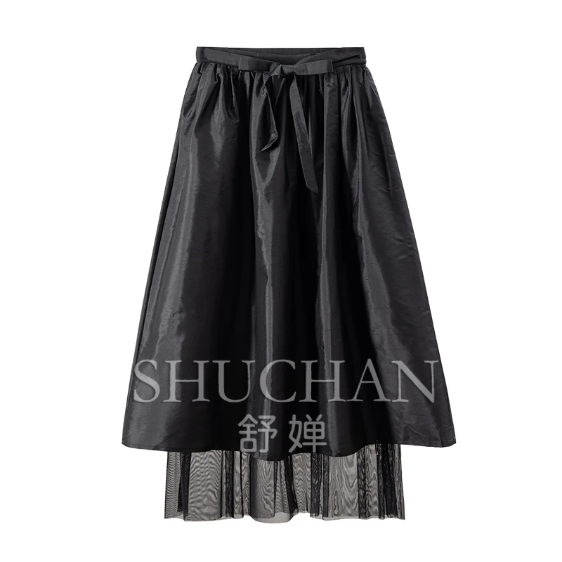 

High-end Goods, Rare Silk Double Palace, Elastic High-waisted Skirt After Mesh Yarn Women 489B