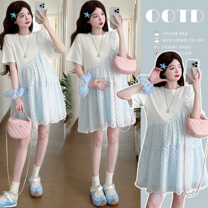 

Summer 2025 Maternity Wear: Trendy Contrast Color Dot Print Dress - Fashionable montage Silhouette for Expecting Mothers
